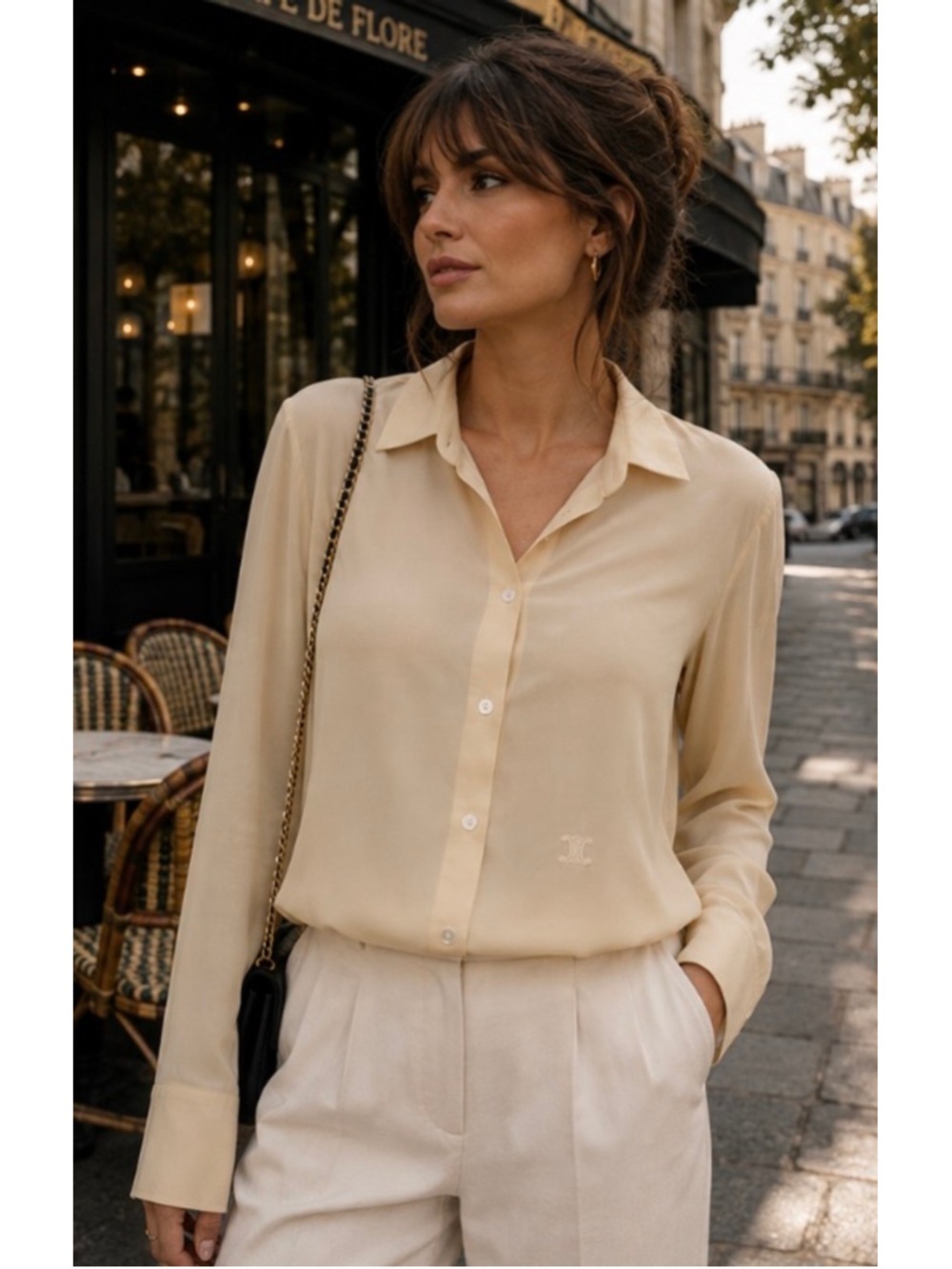 Women's Celine Button Down Shirt Size 42/8 Butter Yellow Silk Long Sleeve NWT!